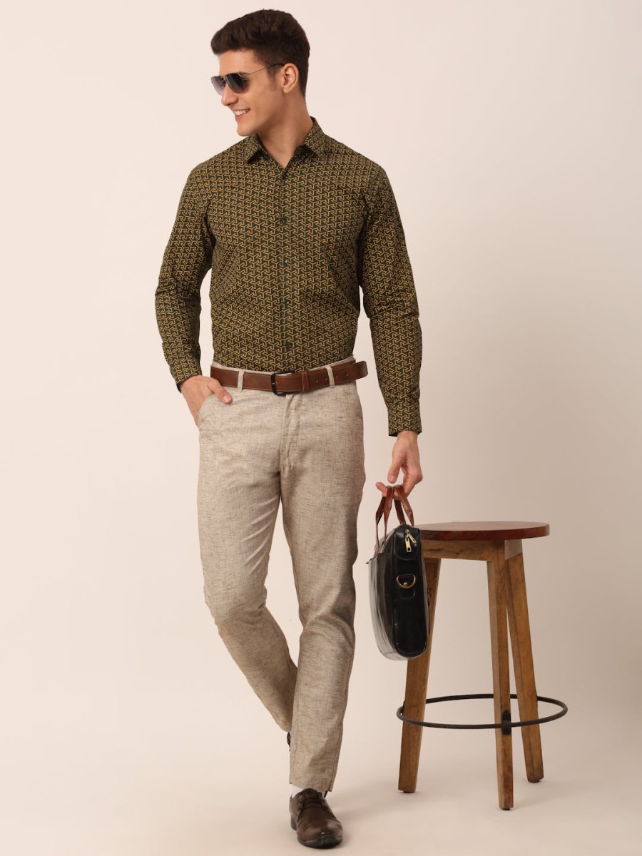 Indian Needle Men's Cotton Printed Formal Shirts - SF_821Olive_S