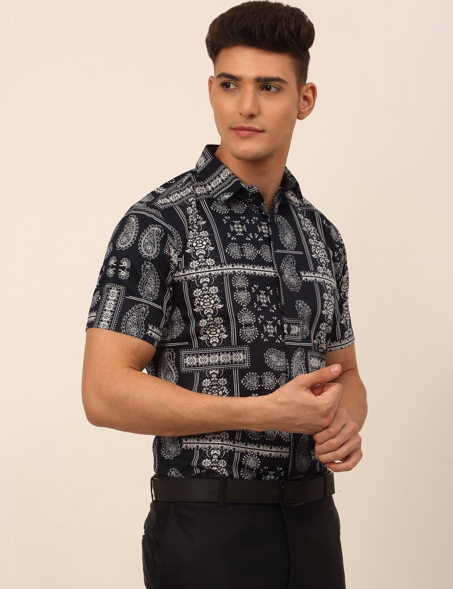Indian Needle Men's Cotton Printed Formal Shirts - SF_826Navy_S