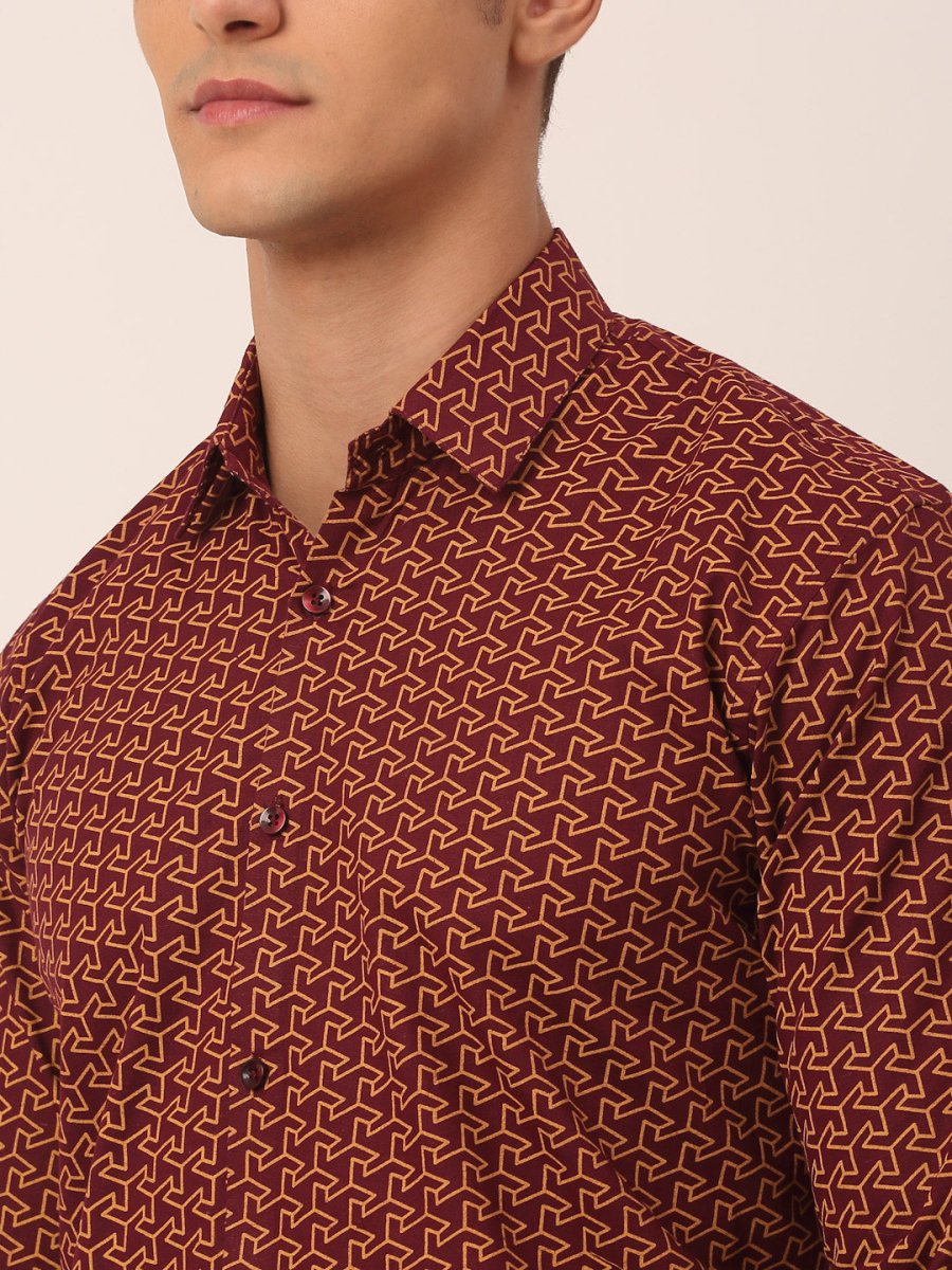 Indian Needle Men's Cotton Printed Formal Shirts - SF_821Brown_S