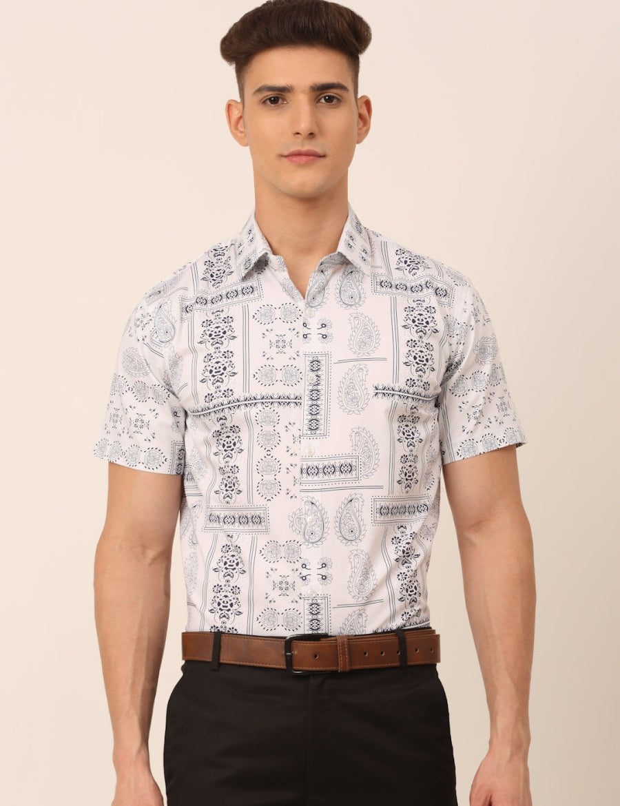 Indian Needle Men's Cotton Printed Formal Shirts - SF_826White_S