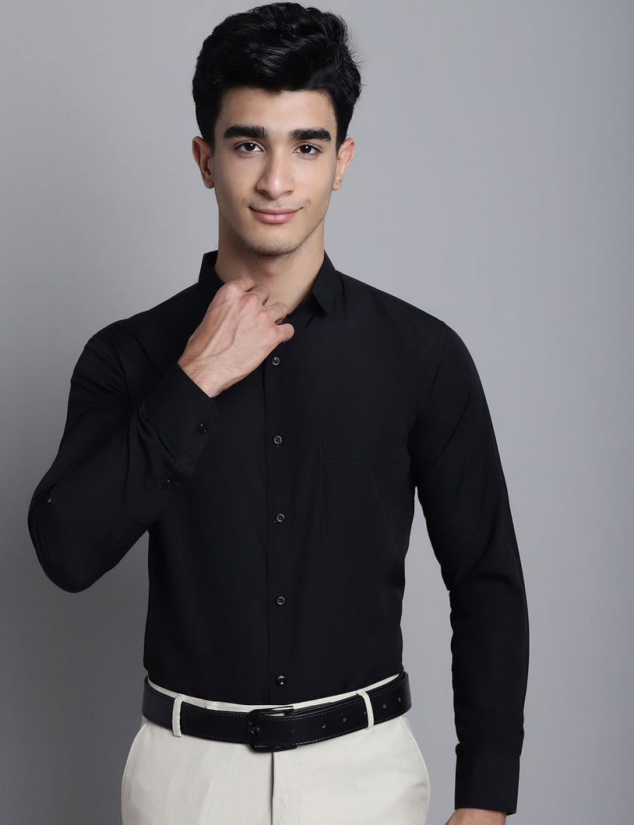 Indian Needle Men's Cotton Solid Black Formal Shirt's - SF_361Black_S