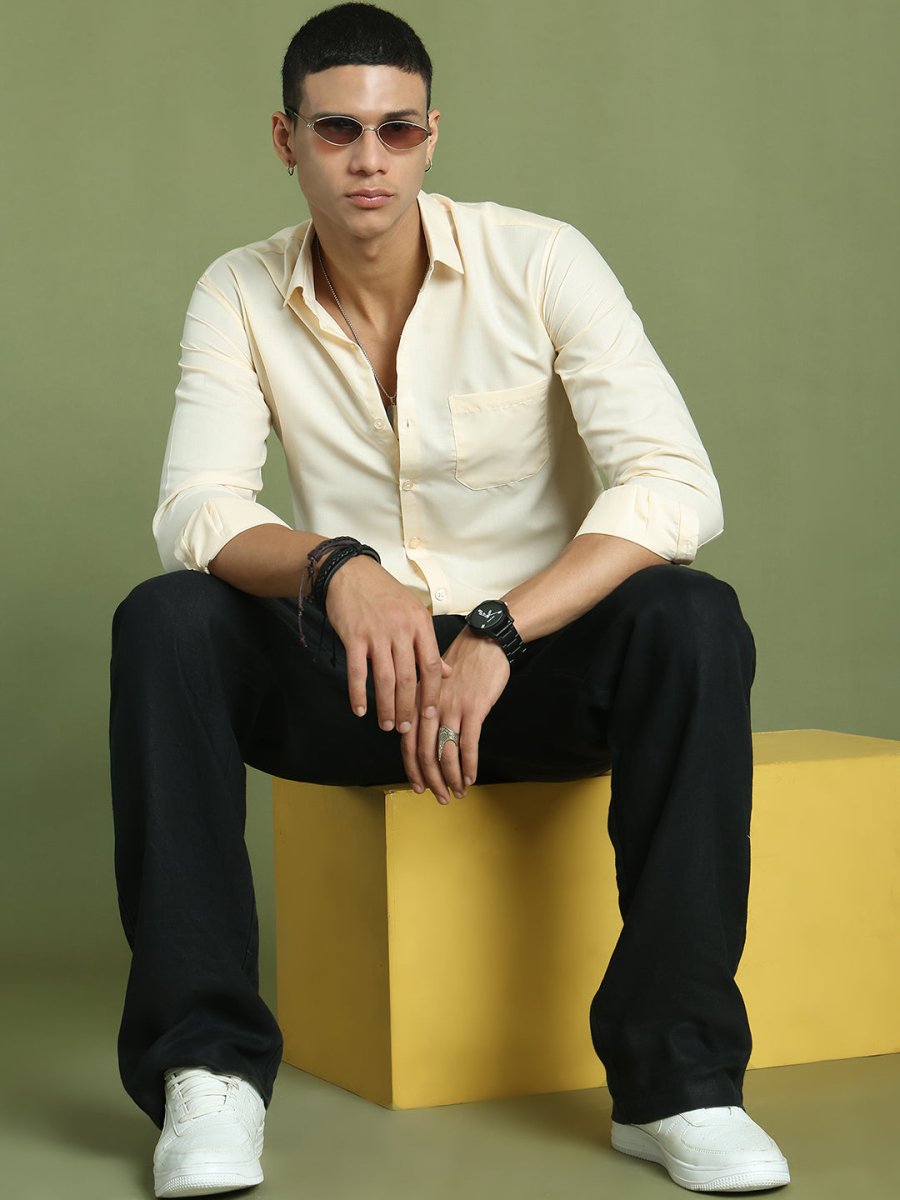 Indian Needle Men's Cotton Solid Cream Formal Shirt's - SF_361Cream_S