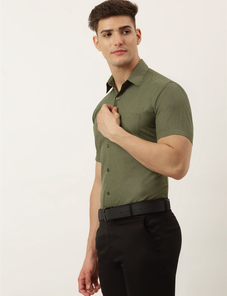 Indian Needle Men's Cotton Solid Half Sleeve Formal Shirts - SF_811Olive_S