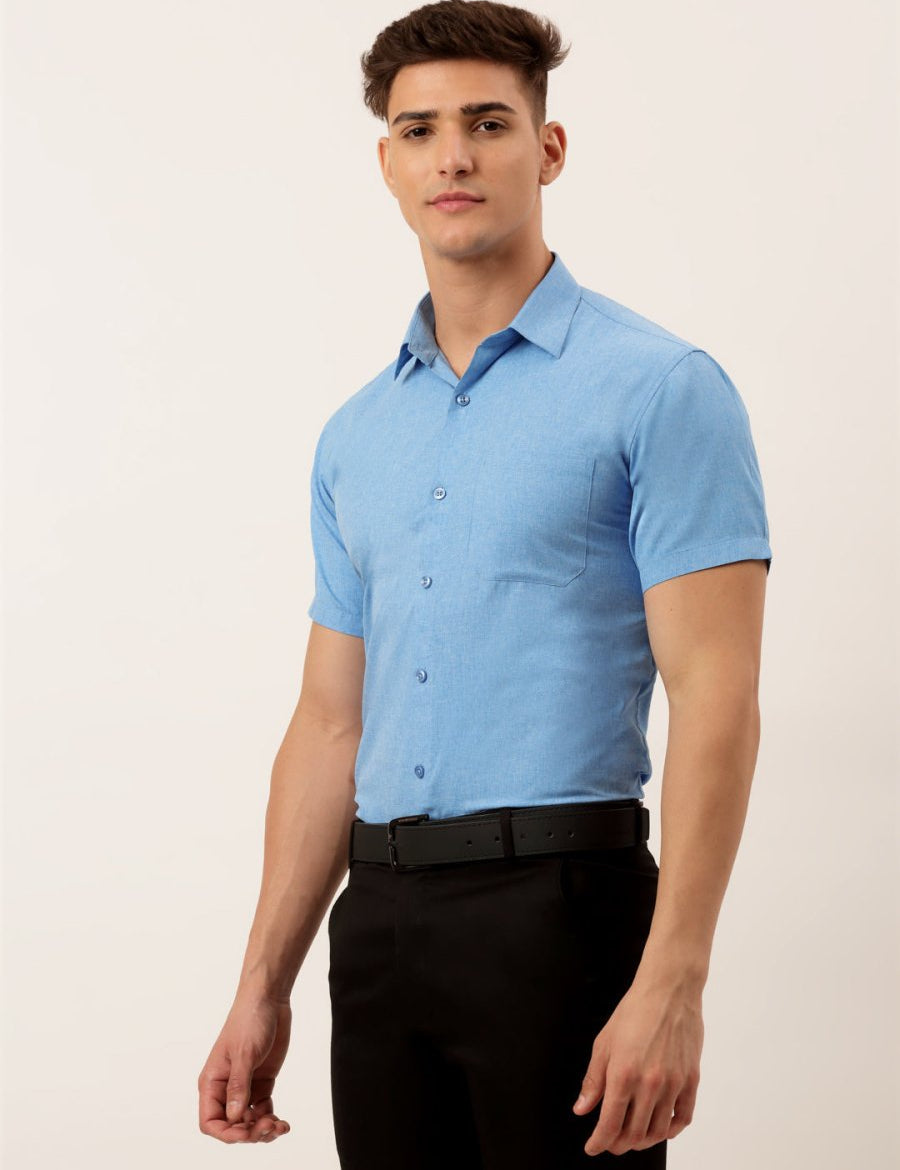 Indian Needle Men's Cotton Solid Half Sleeve Formal Shirts - SF_811Light-Blue_S