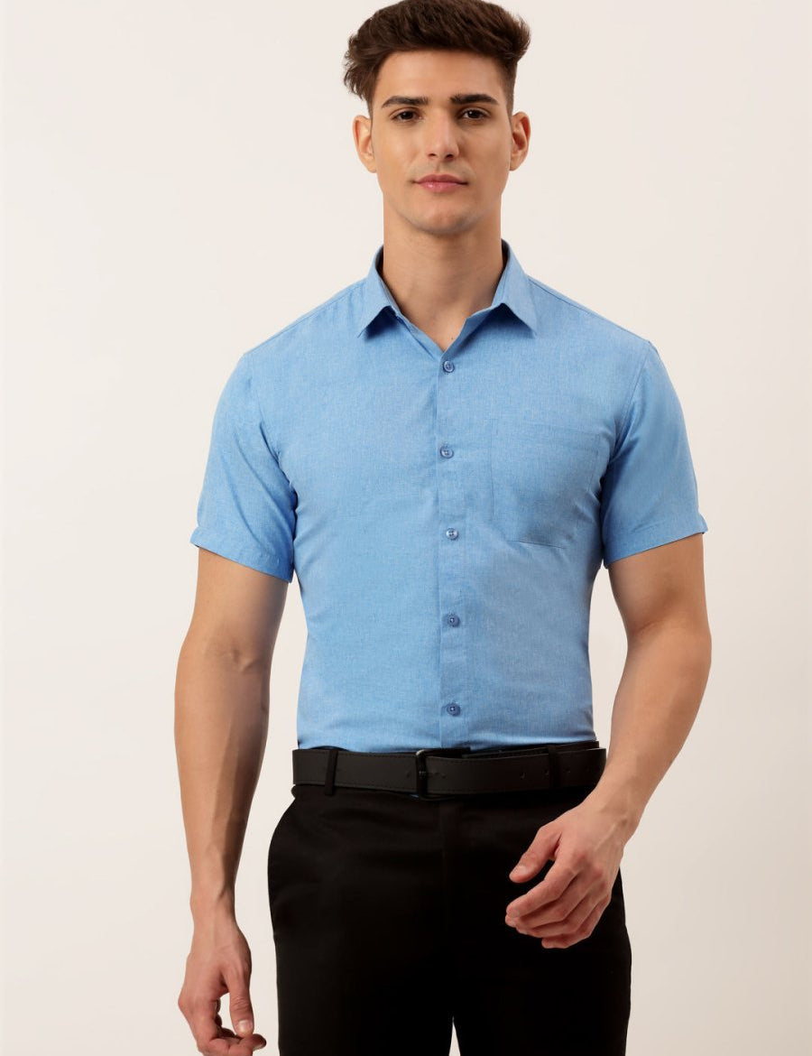 Indian Needle Men's Cotton Solid Half Sleeve Formal Shirts - SF_811Light-Blue_S