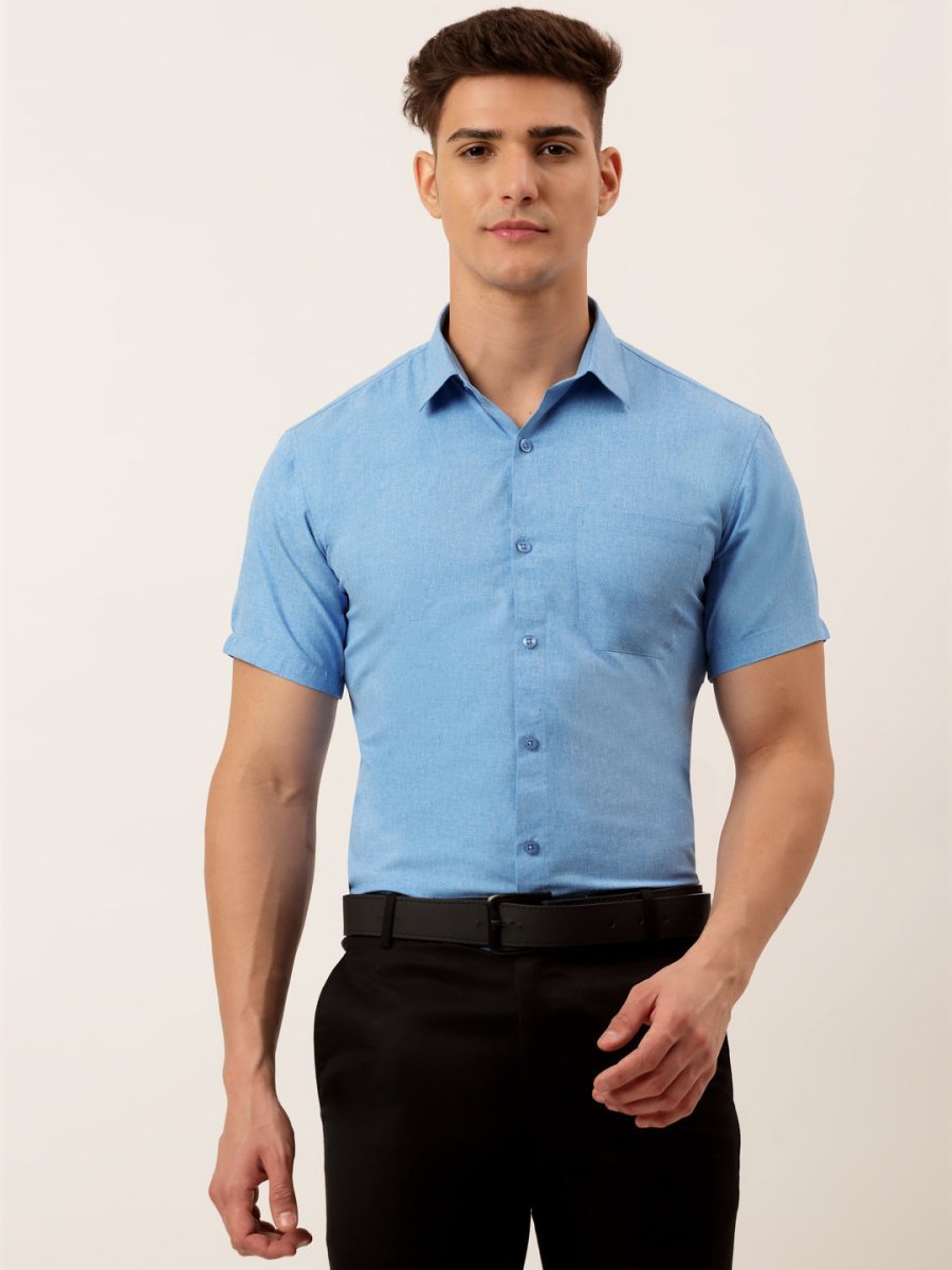 Indian Needle Men's Cotton Solid Half Sleeve Formal Shirts - SF_811Light-Blue_S