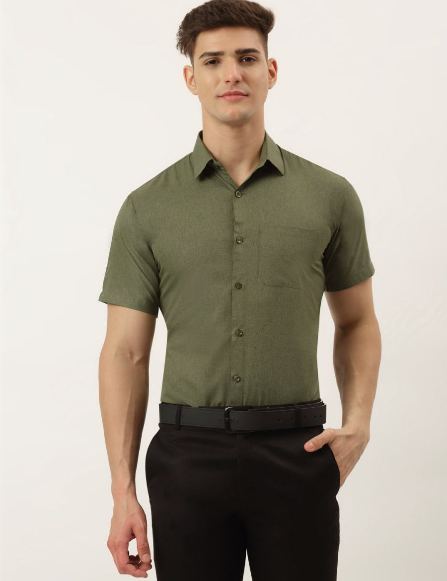 Indian Needle Men's Cotton Solid Half Sleeve Formal Shirts - SF_811Olive_S