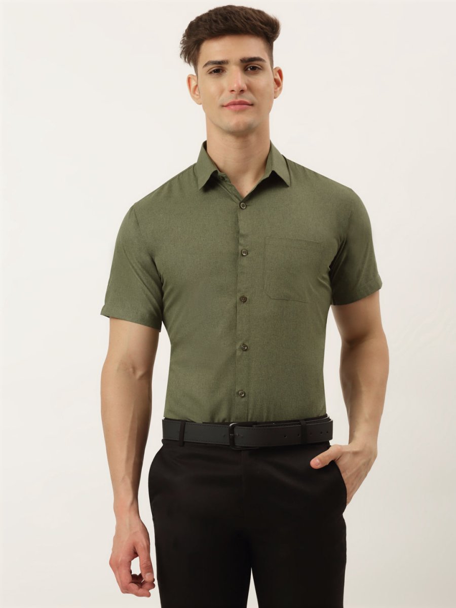 Indian Needle Men's Cotton Solid Half Sleeve Formal Shirts - SF_811Olive_S