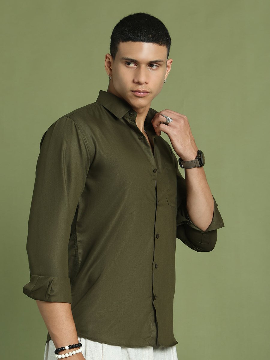 Indian Needle Men's Cotton Solid Mehndi Green Formal Shirt's - SF_361Mehndi_S