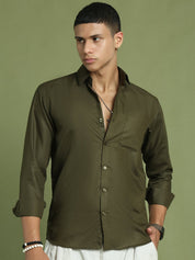 Indian Needle Men's Cotton Solid Mehndi Green Formal Shirt's - SF_361Mehndi_S