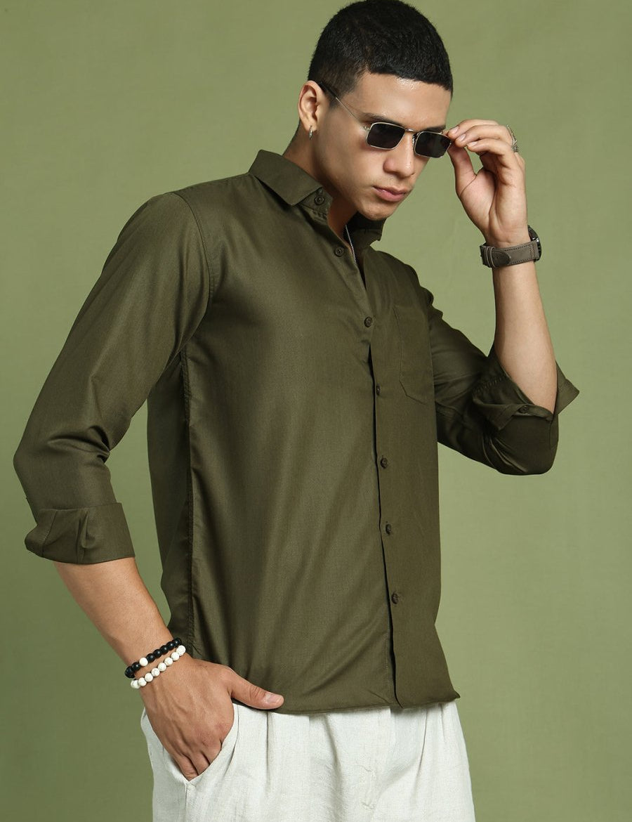 Indian Needle Men's Cotton Solid Mehndi Green Formal Shirt's - SF_361Mehndi_S