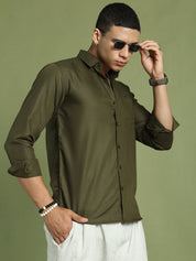 Indian Needle Men's Cotton Solid Mehndi Green Formal Shirt's - SF_361Mehndi_S