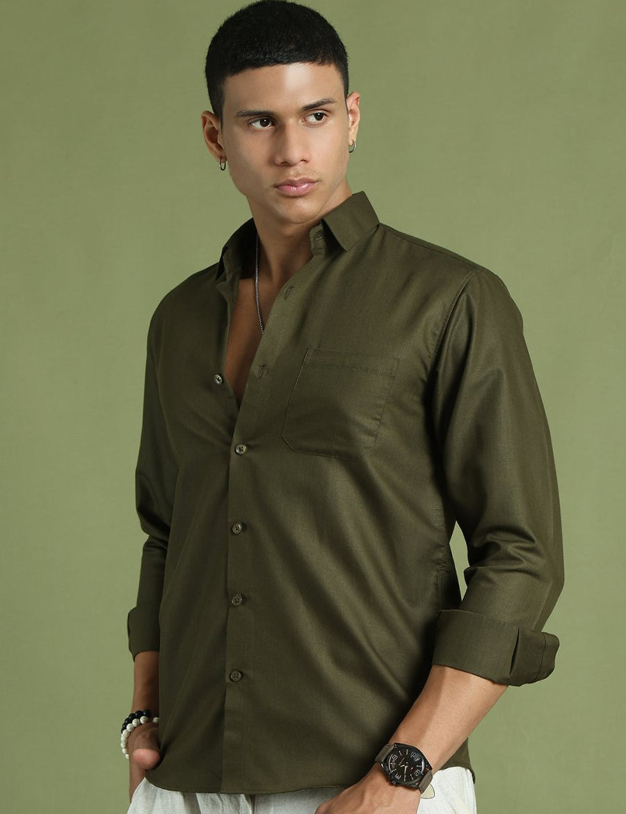 Indian Needle Men's Cotton Solid Mehndi Green Formal Shirt's - SF_361Mehndi_S