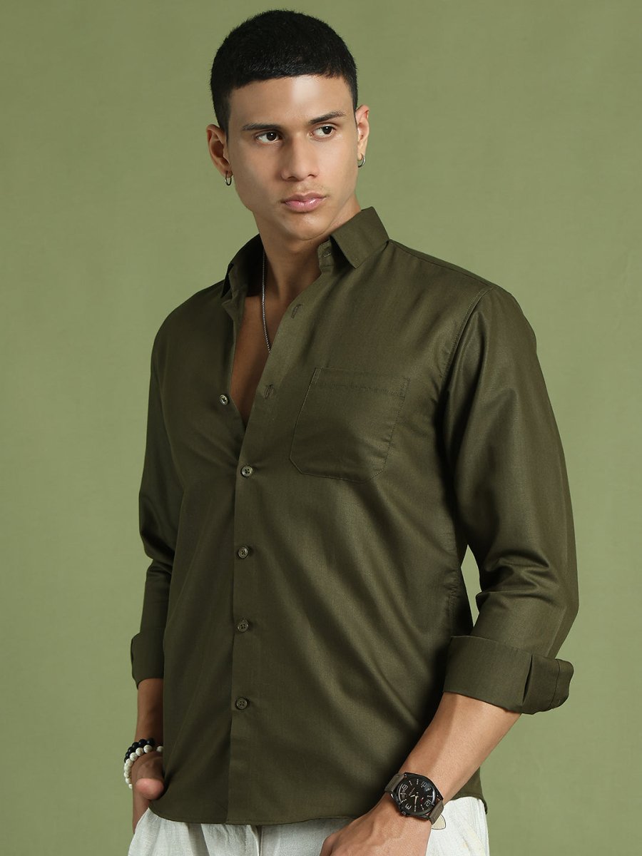 Indian Needle Men's Cotton Solid Mehndi Green Formal Shirt's - SF_361Mehndi_S