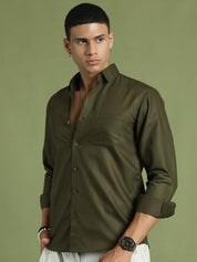Indian Needle Men's Cotton Solid Mehndi Green Formal Shirt's - SF_361Mehndi_S