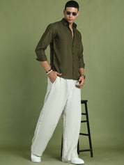 Indian Needle Men's Cotton Solid Mehndi Green Formal Shirt's - SF_361Mehndi_S