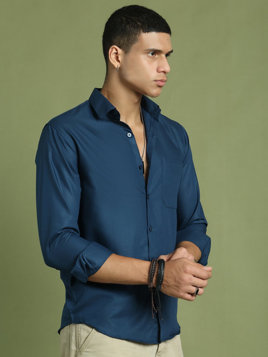 Indian Needle Men's Cotton Solid Teal Blue Formal Shirt's - SF_361Teal_S