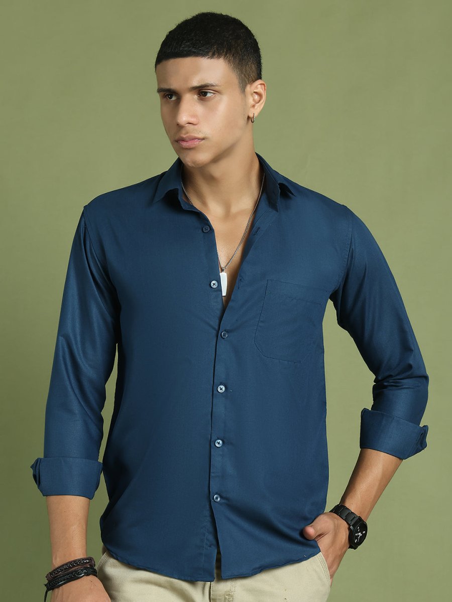 Indian Needle Men's Cotton Solid Teal Blue Formal Shirt's - SF_361Teal_S