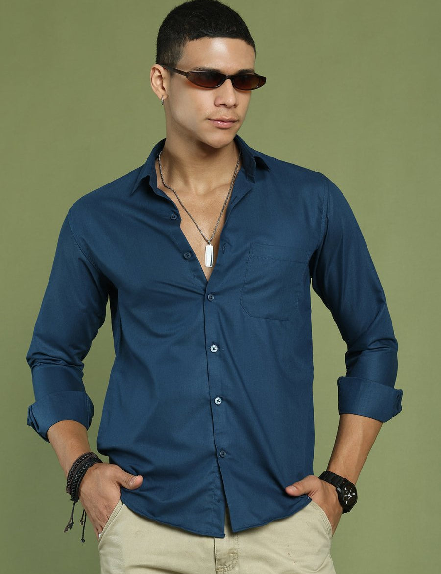 Indian Needle Men's Cotton Solid Teal Blue Formal Shirt's - SF_361Teal_S