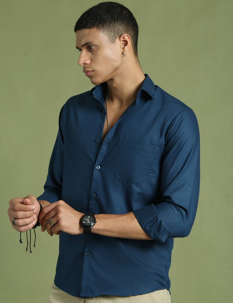 Indian Needle Men's Cotton Solid Teal Blue Formal Shirt's - SF_361Teal_S