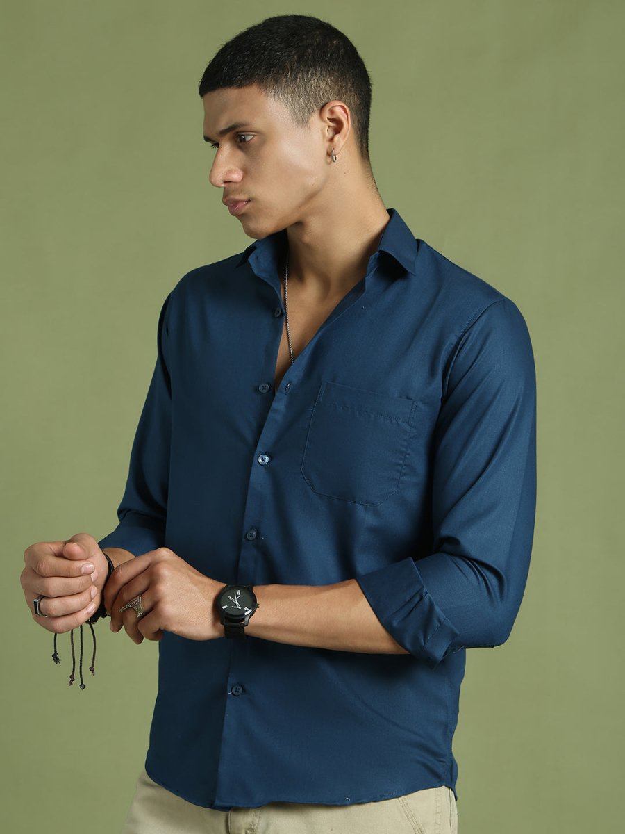 Indian Needle Men's Cotton Solid Teal Blue Formal Shirt's - SF_361Teal_S
