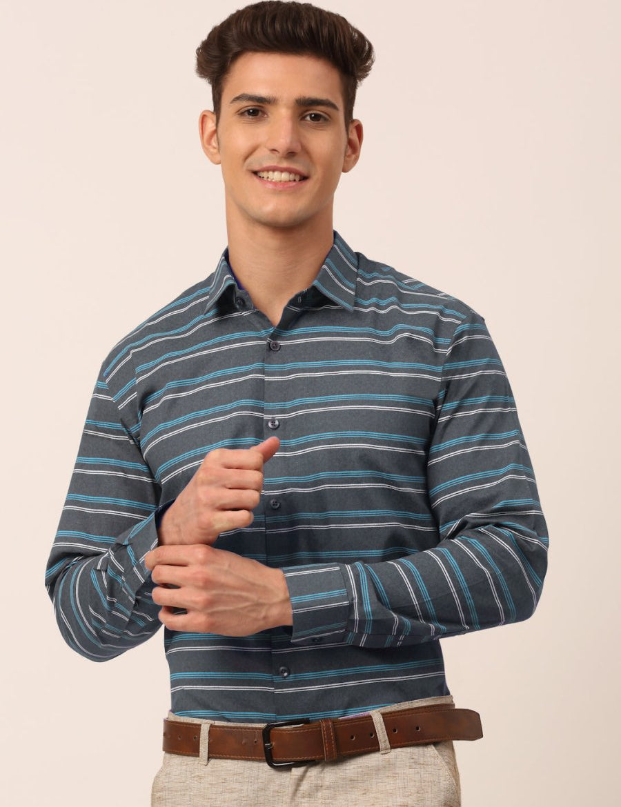 Indian Needle Men's Cotton Striped Formal Shirts - SF_820Grey_S