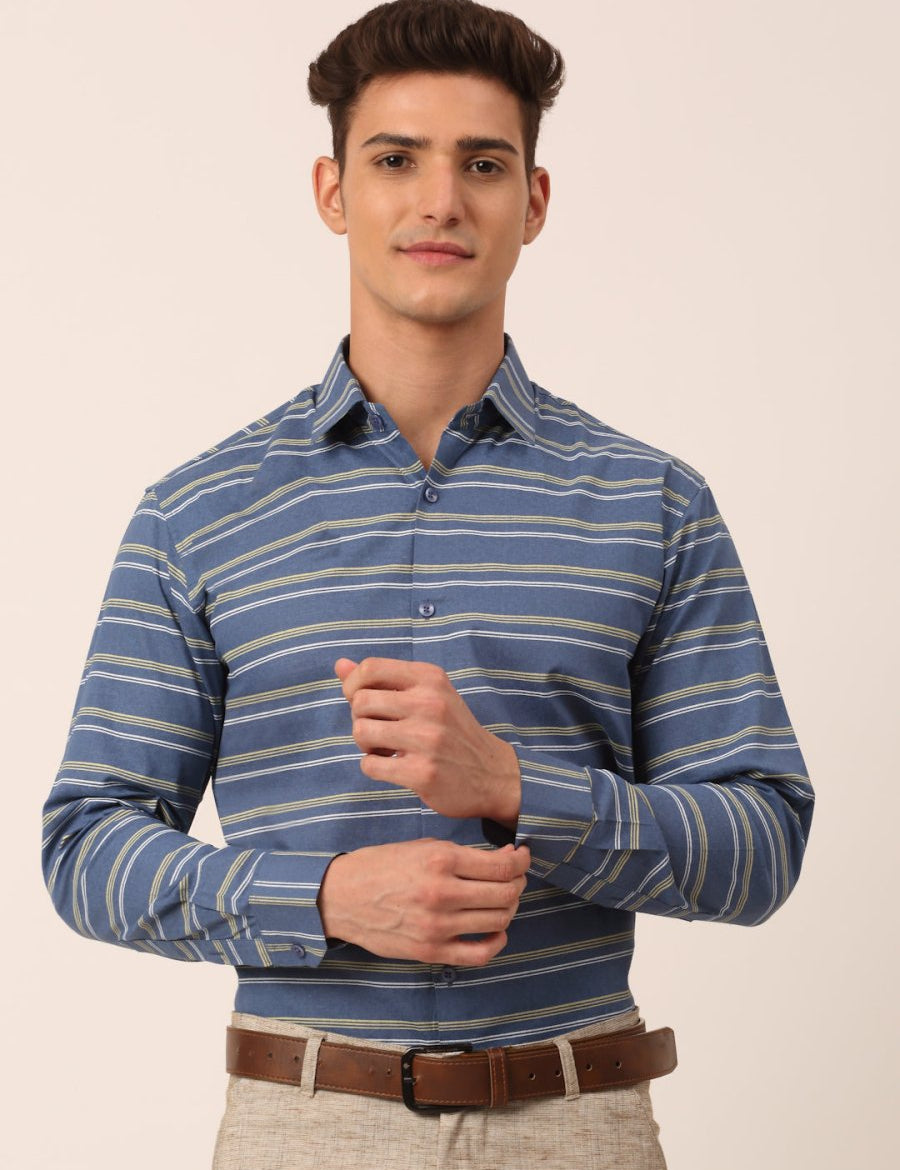 Indian Needle Men's Cotton Striped Formal Shirts - SF_820Blue_S