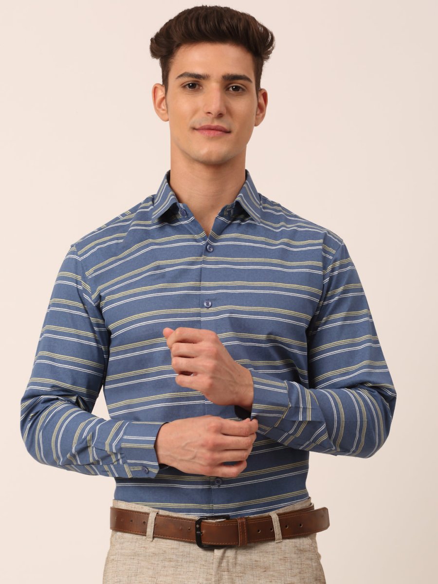 Indian Needle Men's Cotton Striped Formal Shirts - SF_820Blue_S
