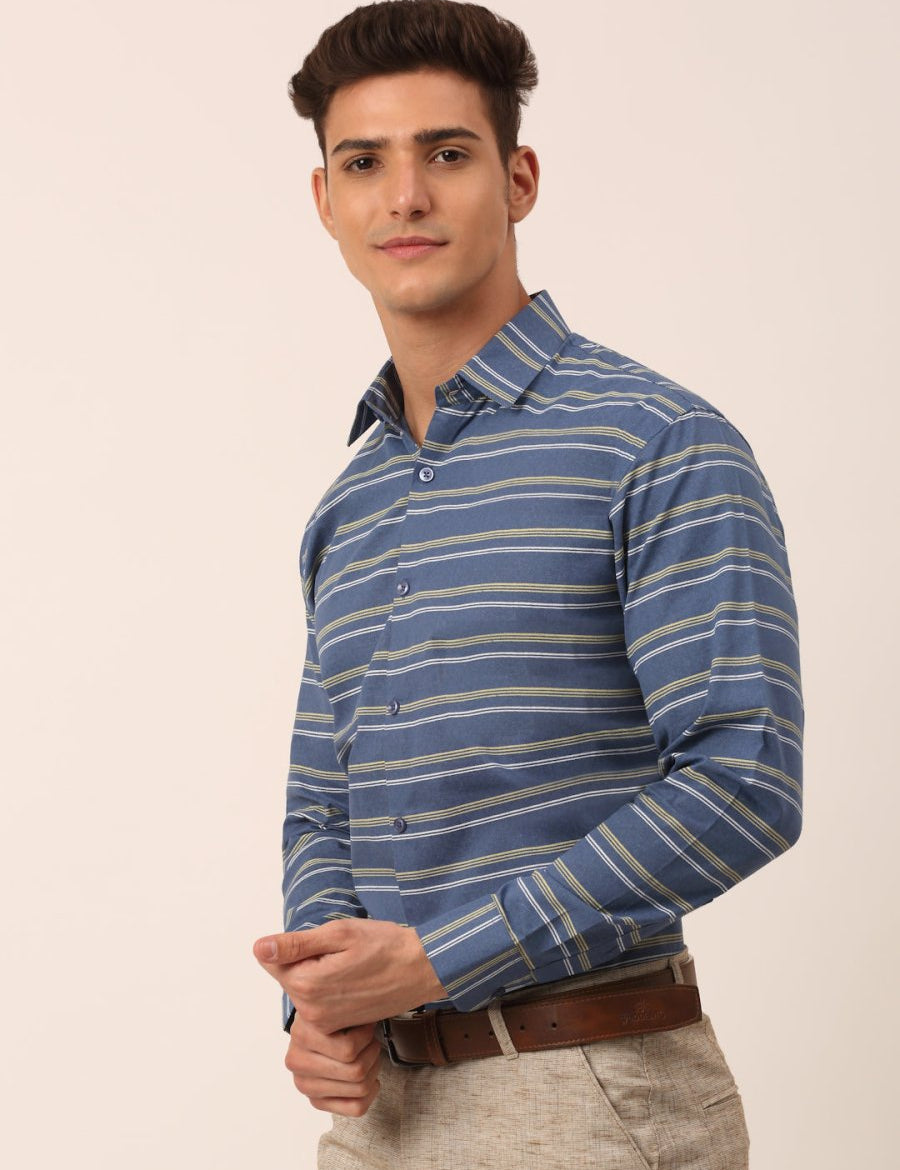 Indian Needle Men's Cotton Striped Formal Shirts - SF_820Blue_S