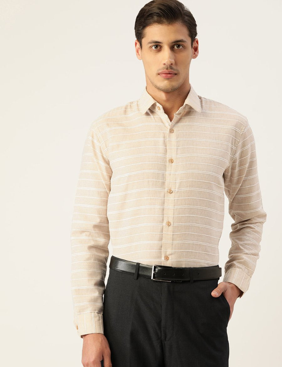 Indian Needle Men's Cotton Striped Formal Shirts - SF_799Cream_S