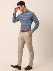 Indian Needle Men's Cotton Striped Formal Shirts - SF_820Blue_S