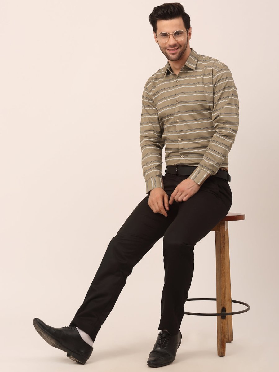 Indian Needle Men's Cotton Striped Formal Shirts - SF_820Brown_S