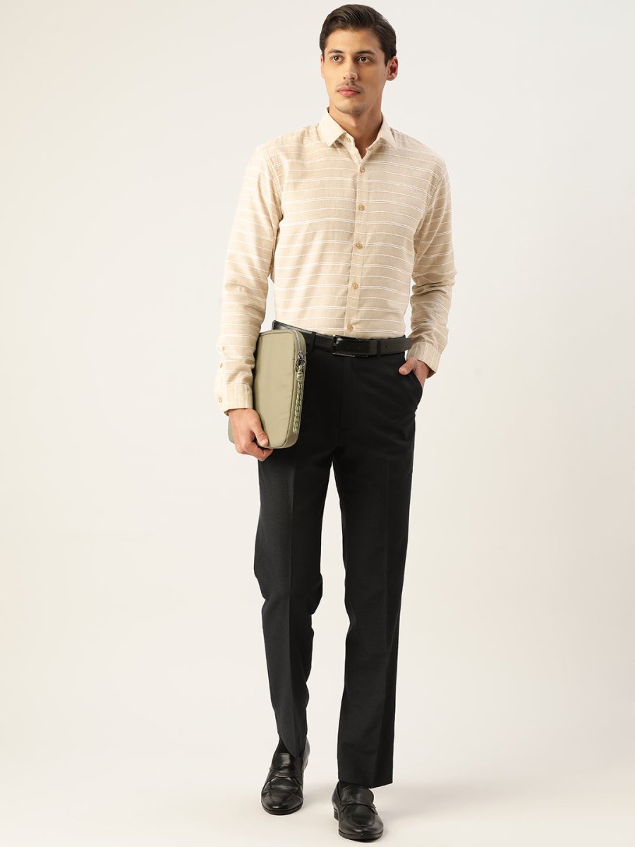 Indian Needle Men's Cotton Striped Formal Shirts - SF_799Cream_S