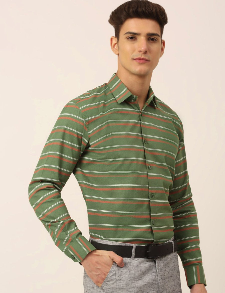 Indian Needle Men's Cotton Striped Formal Shirts - SF_820Olive_S