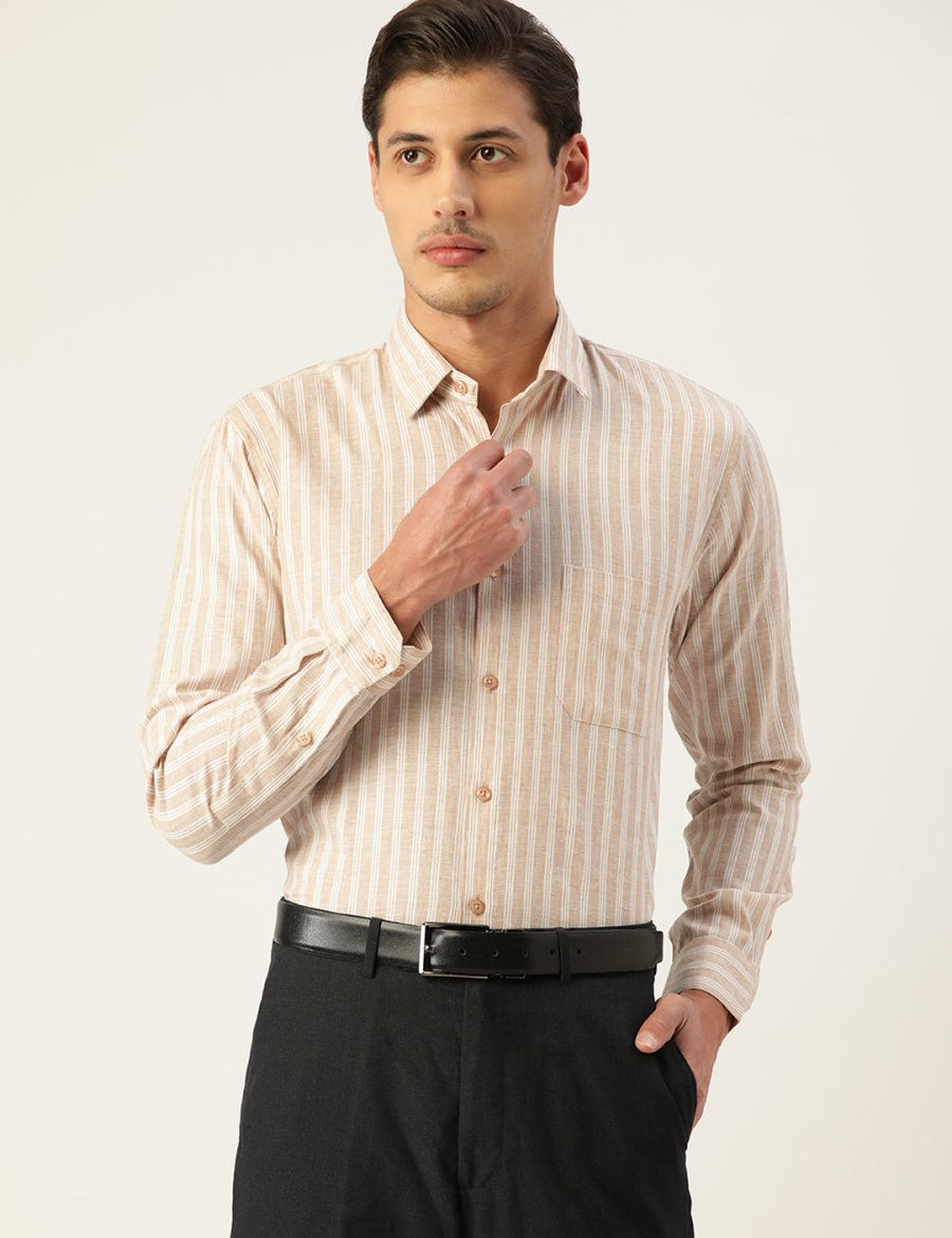 Indian Needle Men's Cotton Striped Formal Shirts - SF_795Beige_S