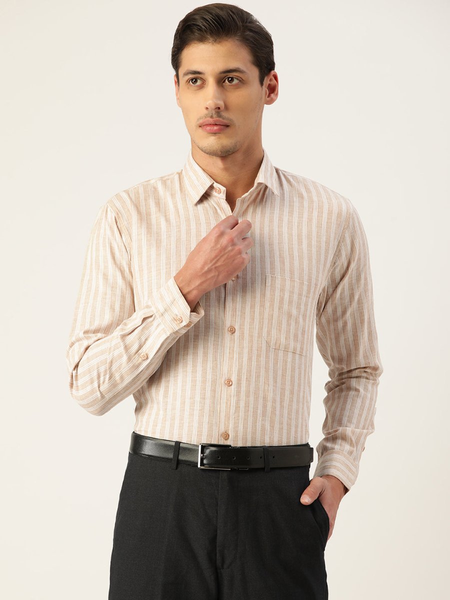 Indian Needle Men's Cotton Striped Formal Shirts - SF_795Beige_S