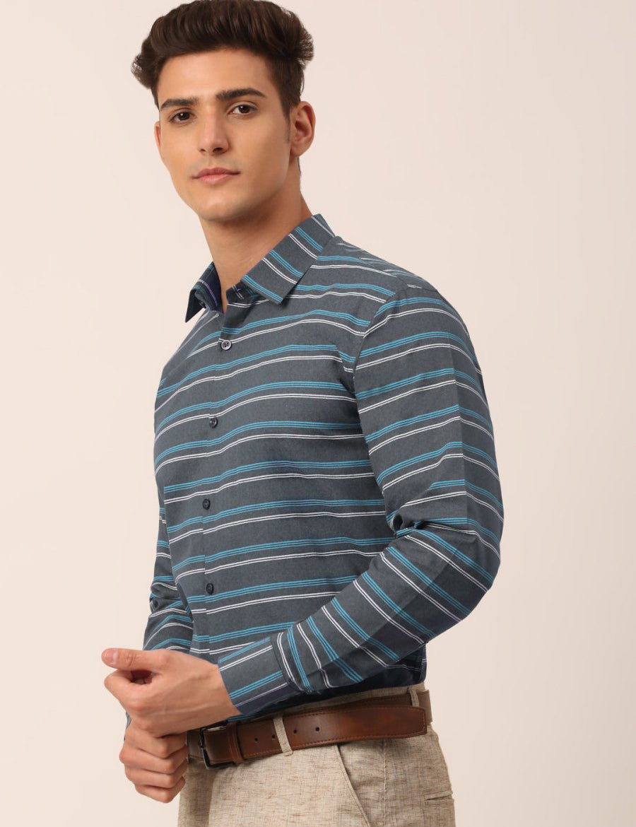 Indian Needle Men's Cotton Striped Formal Shirts - SF_820Grey_S