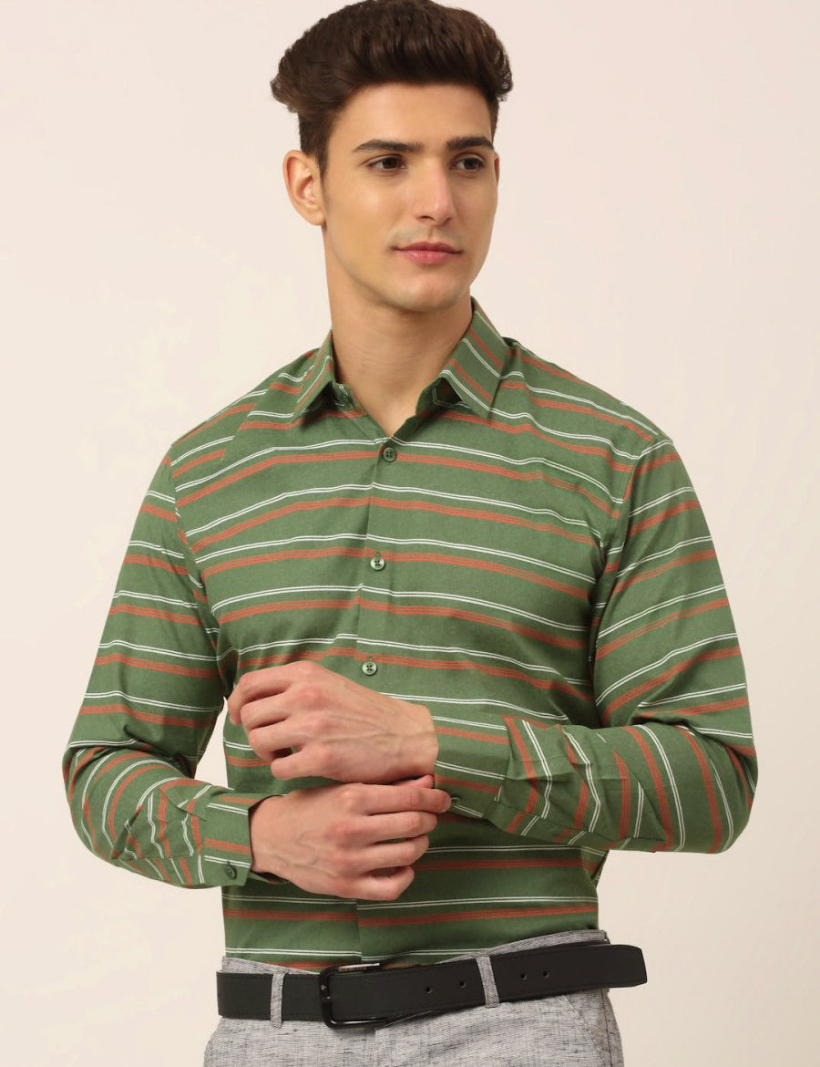 Indian Needle Men's Cotton Striped Formal Shirts - SF_820Olive_S