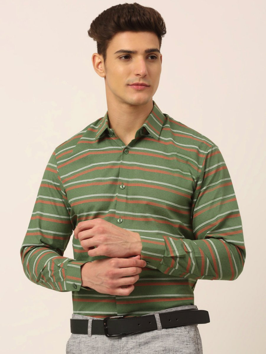 Indian Needle Men's Cotton Striped Formal Shirts - SF_820Olive_S