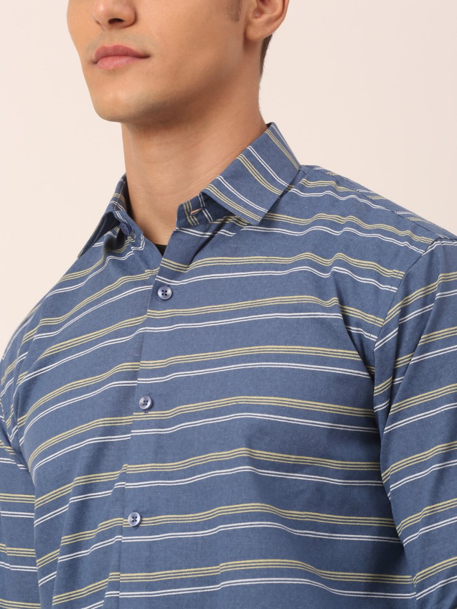Indian Needle Men's Cotton Striped Formal Shirts - SF_820Blue_S