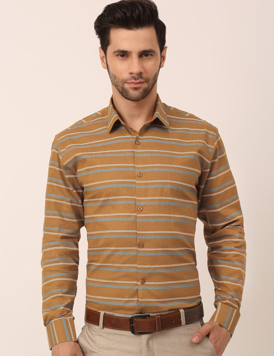 Indian Needle Men's Cotton Striped Formal Shirts - SF_820Mustard_S