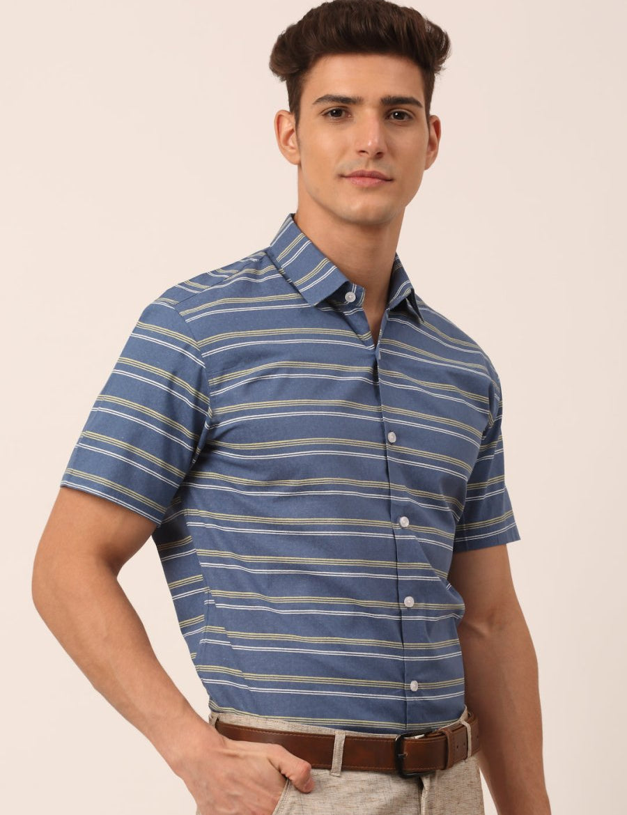 Indian Needle Men's Cotton Striped Half Sleeve Formal Shirts - SF_816Blue_S