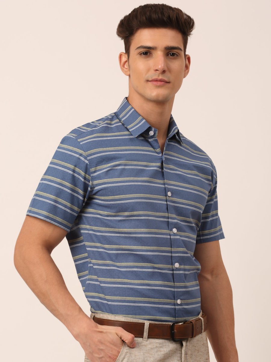 Indian Needle Men's Cotton Striped Half Sleeve Formal Shirts - SF_816Blue_S