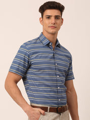 Indian Needle Men's Cotton Striped Half Sleeve Formal Shirts - SF_816Blue_S