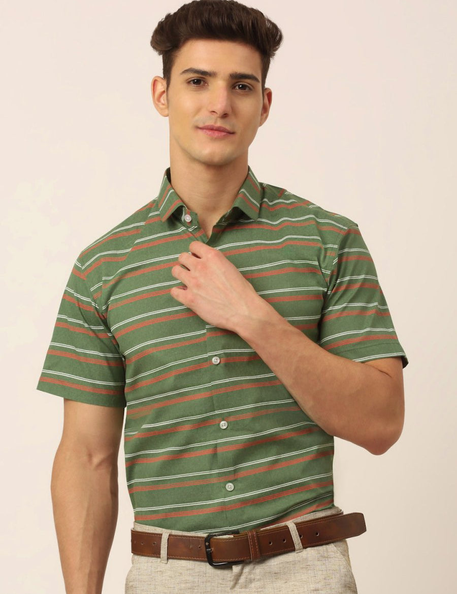 Indian Needle Men's Cotton Striped Half Sleeve Formal Shirts - SF_816Olive_S