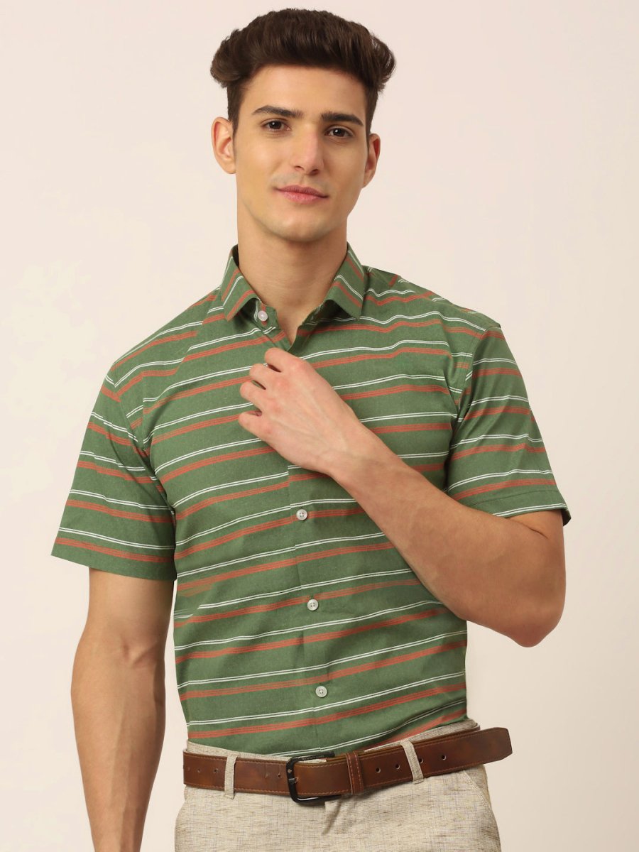 Indian Needle Men's Cotton Striped Half Sleeve Formal Shirts - SF_816Olive_S
