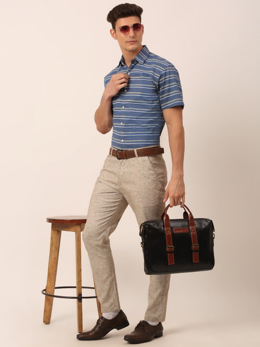 Indian Needle Men's Cotton Striped Half Sleeve Formal Shirts - SF_816Blue_S