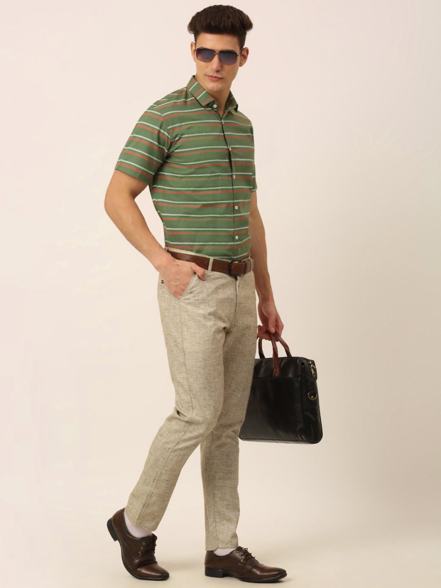 Indian Needle Men's Cotton Striped Half Sleeve Formal Shirts - SF_816Olive_S