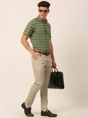 Indian Needle Men's Cotton Striped Half Sleeve Formal Shirts - SF_816Olive_S