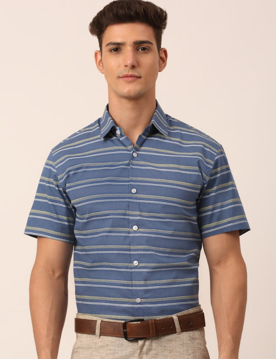 Indian Needle Men's Cotton Striped Half Sleeve Formal Shirts - SF_816Blue_S